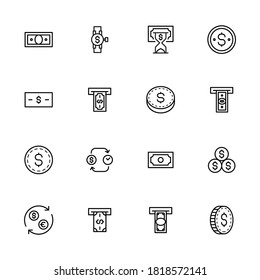 Moderno conjunto de iconos de línea delgada de moneda. Símbolos de calidad premium. Pictogramas simples para sitios web y aplicaciones móviles. Iconos de línea de vectores aislados en un fondo blanco.