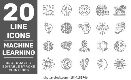 Modern thin line icons set of data science technology, machine learning process. Premium quality outline symbol collection. Editable Stroke. EPS 10