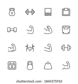 Modern thin line icons set of bodybuilding. Premium quality symbols. Simple pictograms for web sites and mobile app. Vector line icons isolated on a white background.