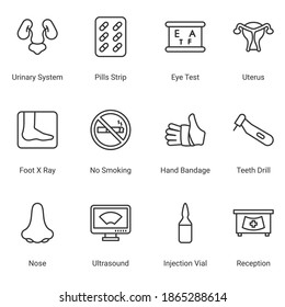 Moderna línea de iconos delgados conjunto de profesionales del hospital y de la salud y equipo médico. Símbolos simples para el desarrollo de aplicaciones y el diseño de sitios web. Paquete de iconos de trazo.