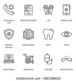 Modern thin line icons set of hospital and healthcare professionals and medical equipment. Simple symbols for app development and website design. Pack of stroke icons.