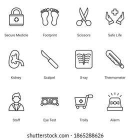 Modern thin line icons set of hospital and healthcare professionals and medical equipment. Simple symbols for app development and website design. Pack of stroke icons.