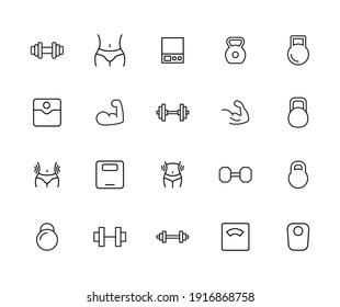 Modern thin line icons set of bodybuilding. Premium quality symbols. Simple pictograms for web sites and mobile app. Vector line icons isolated on a white background.