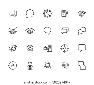 Moderne Thin-Line-Icons Set von Interview. Symbole in Premium-Qualität. Einfache Piktogramme für Webseiten und mobile App. Vektorliniensymbole einzeln auf weißem Hintergrund.