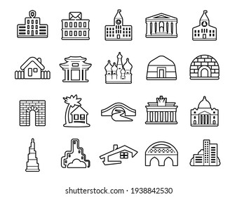Los iconos modernos de la línea delgada se configuran. Las obras de construcción de las instalaciones funcionan con herramientas de construcción. Colección de símbolos de esquema. Concepto de logotipo vectorial de trazo para gráficos web. Envase simple monolineal de pictogramas.