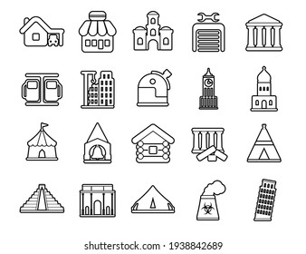 Los iconos modernos de la línea delgada se configuran. Las obras de construcción de las instalaciones funcionan con herramientas de construcción. Colección de símbolos de esquema. Concepto de logotipo vectorial de trazo para gráficos web. Envase simple monolineal de pictogramas.