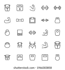 Modern thin line icons set of bodybuilding. Premium quality symbols. Simple pictograms for web sites and mobile app. Vector line icons isolated on a white background.