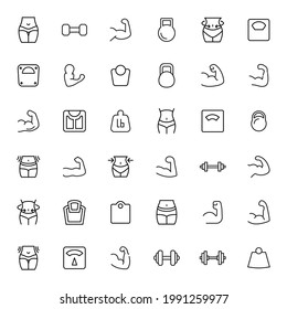 Modern thin line icons set of bodybuilding. Premium quality symbols. Simple pictograms for web sites and mobile app. Vector line icons isolated on a white background.