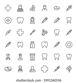 Conjuntos modernos de iconos delgados de línea delgada de odontología. Símbolos de calidad premium. Pictogramas simples para sitios web y aplicaciones móviles. Iconos de línea de vectores aislados en un fondo blanco.