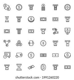 Moderno conjunto de iconos de línea delgada de moneda. Símbolos de calidad premium. Pictogramas simples para sitios web y aplicaciones móviles. Iconos de línea de vectores aislados en un fondo blanco.