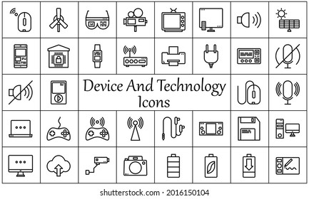 Modern thin line icons set of devices and technology. Premium quality symbols. Simple pictograms for web sites and mobile app. Vector line icons isolated on a white background.