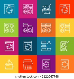 Modern thin line icons set of laundromat elements. Premium quality outline symbol collection. Simple mono linear pictogram pack. Stroke vector logo concept for web graphics