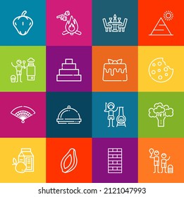 Iconos modernos de línea delgada conjunto de elementos alimentarios. Colección de símbolos de esquema de calidad superior. Envase simple monolineal de pictogramas. Concepto de logotipo vectorial de Stroke para gráficos web