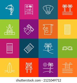 Iconos modernos de línea delgada con elementos de playa. Colección de símbolos de esquema de calidad superior. Envase simple monolineal de pictogramas. Concepto de logotipo vectorial de Stroke para gráficos web