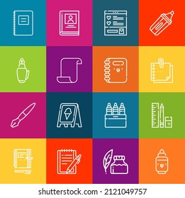 Conjuntos modernos de iconos de línea delgada de elementos de escritura. Colección de símbolos de esquema de calidad superior. Envase simple monolineal de pictogramas. Concepto de logotipo vectorial de Stroke para gráficos web
