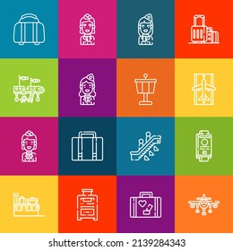 Modernos iconos de línea delgada conjunto de elementos del aeropuerto. Colección de símbolos de esquema de calidad superior. Envase simple monolineal de pictogramas. Concepto de logotipo vectorial de Stroke para gráficos web