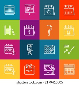 Modernos iconos de línea delgada conjunto de elementos anuales. Colección de símbolos de esquema de calidad superior. Envase simple monolineal de pictogramas. Concepto de logotipo vectorial de Stroke para gráficos web