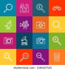 Moderne Dünnzeilensymbole mit Zoomelementen. Kollektion von Symbolen in Premium-Qualität. Einfache monolineare Piktogramm-Packung. Stroke Vektorlogokonzept für Webgrafiken