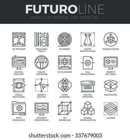 Conjunto moderno de ícones de linha fina de impressão 3D, modelagem 3D e tecnologia de digitalização. Coleção de símbolos de contorno de qualidade premium. Pacote simples de pictograma mono linear. Conceito de logotipo vetorial de traçado para web graphic