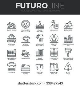 Modern thin line icons set of construction works on site and building tools. Premium quality outline symbol collection. Simple mono linear pictogram pack. Stroke vector logo concept for web graphics.