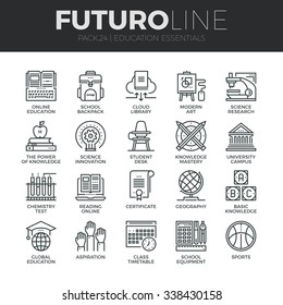 Modern thin line icons set of basic education training and studying online. Premium quality outline symbol collection. Simple mono linear pictogram pack. Stroke vector logo concept for web graphics.