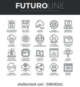 Modern thin line icons set of cloud data technology services, global connection. Premium quality outline symbol collection. Simple mono linear pictogram pack. Stroke vector logo concept, web graphics.
