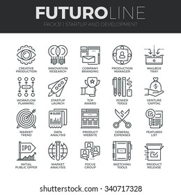 Modern thin line icons set of startup business and launch new product on market. Premium quality outline symbol collection. Simple mono linear pictogram pack. Stroke vector logo concept, web graphics.