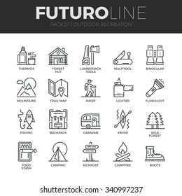 Modern thin line icons set of  outdoor recreation activity and hiking tourism. Premium quality outline symbol collection. Simple mono linear pictogram pack. Stroke vector logo concept for web graphics