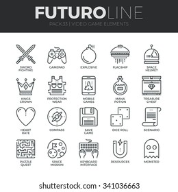 Modern thin line icons set of classic game objects, mobile gaming elements. Premium quality outline symbol collection. Simple mono linear pictogram pack. Stroke vector logo concept for web graphics.