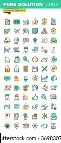 Modern thin line icons set of basic business essential tools, office equipment, internet marketing, contact information, communication. Outline icon collection for website and app design.