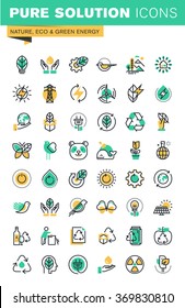 Modern thin line icons set of ecology, sustainable technology, renewable energy, recycling, nature, protection of flora and fauna. Outline icon collection for website and app design.