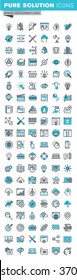 Modern thin line icons set of graphic design, photography, branding, corporate identity, stationary, logo and product design, app and website development, optimization. Outline icon collection.