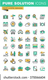 Modern thin line icons set of holidays offer, information about destinations, types of transport, hotel facilities. Outline icon collection for website and app design.