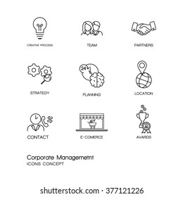 Moderno conjunto de ícones de linha fina de gerenciamento corporativo e treinamento de líderes empresariais. Coleção de símbolos de estrutura de tópicos de qualidade premium. Pacote de pictograma linear simples. Conceito de logotipo de vetor de traçado, gráficos da Web.
