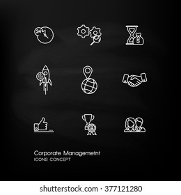 Modern thin line icons set of corporate management and business leader training. Premium quality outline symbol collection. Simple mono linear pictogram pack. Stroke vector logo concept,web graphics.