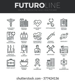 Modern thin line icons set of healthcare professionals and medical equipment. Premium quality outline symbol collection. Simple mono linear pictogram pack. Stroke vector logo concept for web graphics.