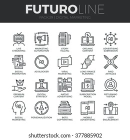 Modern thin line icons set of digital marketing, live streaming and advertising. Premium quality outline symbol collection. Simple mono linear pictogram pack. Stroke vector logo concept, web graphics.