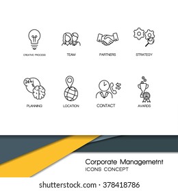 Modern thin line icons set of corporate management and business leader training. Premium quality outline symbol collection. Simple  linear pictogram pack. Stroke vector logo concept,web graphics.