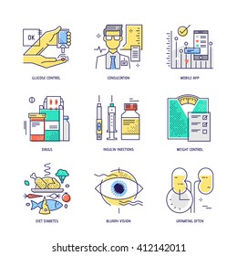 Modern thin line icons set of diabetes live. Premium quality outline signs collection. Stock vector illustration in flat design.
