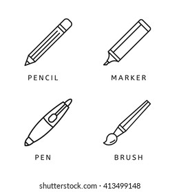 Modern thin line icons set of pen, pencil, marker, paint brush. Simple pictogram pack, logo concept for web graphics - stock vector