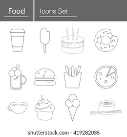 Modern thin line icons set offast food sushi and coffee services. Premium quality outline symbol collection Simple mono linear pictogram pack Stroke vector logo concept for web graphics