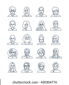 Modern thin line icons set of people avatars for profile page, social network, social media, professional human occupation. Cute cartoon people face.