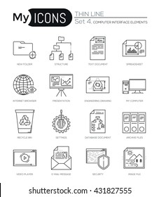 Modern thin line icons set of computer interface elements. Premium quality outline symbol collection. Simple mono linear pictogram pack. Stroke vector logo concept, web graphics