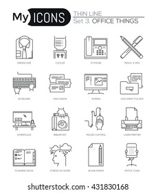 Modern thin line icons set of basic business essential tools, office equipment. Premium quality outline symbol collection. Simple mono linear pictogram pack. Stroke vector logo concept for web graphic