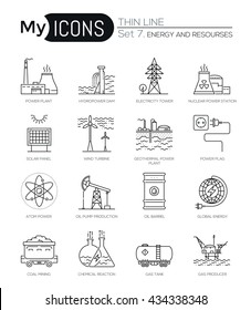 Modern thin line icons set of energy produsing industry and resources. Premium quality outline symbol collection. Simple mono linear pictogram pack. Stroke vector logo concept for web graphics.