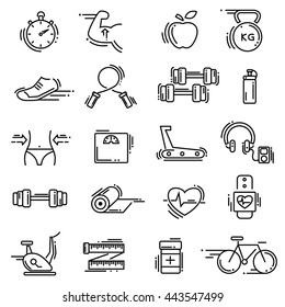 Modern thin line icons set of fitness gym equipment.