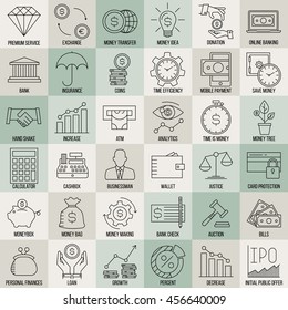 Modern thin line icons set of finance, investment, banking and money. Premium quality outline symbol collection. Simple mono linear pictogram pack for web graphics. Wallet, moneybox, coins and others.