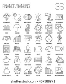 Moderne, dünne Linien-Symbole, die aus den Bereichen Finanzen, Investitionen, Bankwesen und Geld bestehen. Kollektion von Symbolen in Premium-Qualität. Einfaches monolineares Piktogramm-Paket für Web-Grafiken. Geldbeutel, Geldscheine, Münzen und andere.