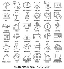Modern thin line icons set of finance, investment, banking and money. Premium quality outline symbol collection. Simple mono linear pictogram pack for web graphics. Wallet, moneybox, coins and others.