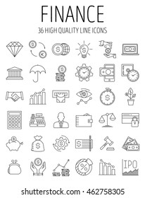 Modern thin line icons set of finance, investment, banking and money. Premium quality outline symbol collection. Simple mono linear pictogram pack for web graphics. Wallet, moneybox, coins and others.